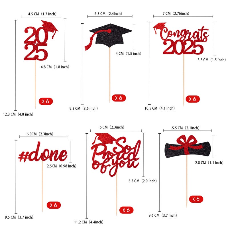 Gexolenu 36 pcs Class of 2025 Graduation Cupcake Toppers, Red Glitter Double-Sided Grad Cap Cake Picks for Party Supplies, Decorations - Image 2
